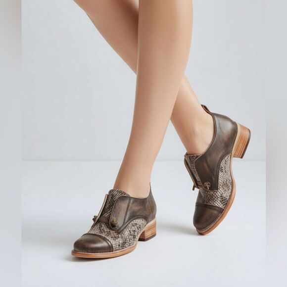 🐒 FREEBIRD Steven Mabel Brown snake Leather Distressed Slip On Oxford Shoes Sz 9 - Picture 3 of 13